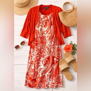 Perceptions New York Red White Paisley Dress Set Size 14 Sleeveless + Shrug